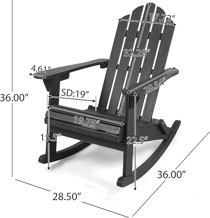 Christopher Knight Home Adirondack Rocking Chair Outdoor Acacia Wood Patio Rocker with Slat Panel Design for Porch Backyard Garden, Dark Grey