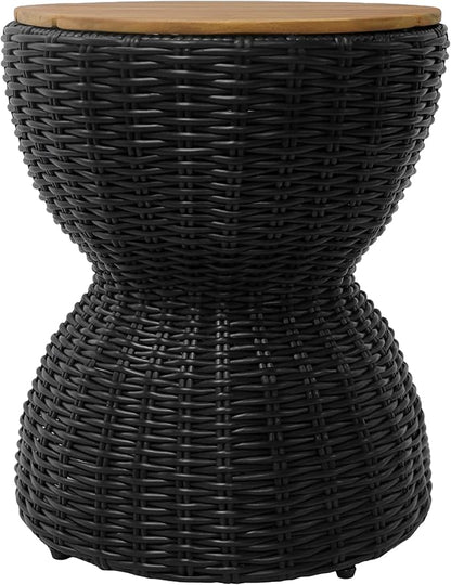 Christopher Knight Home Denhill 15.25" Outdoor Side Table, Round Patio End Table with Wood Top and Wicker Base, Small Outdoor Coffee Table for Balcony Garden, Accent Garden Stool, Black+Natural