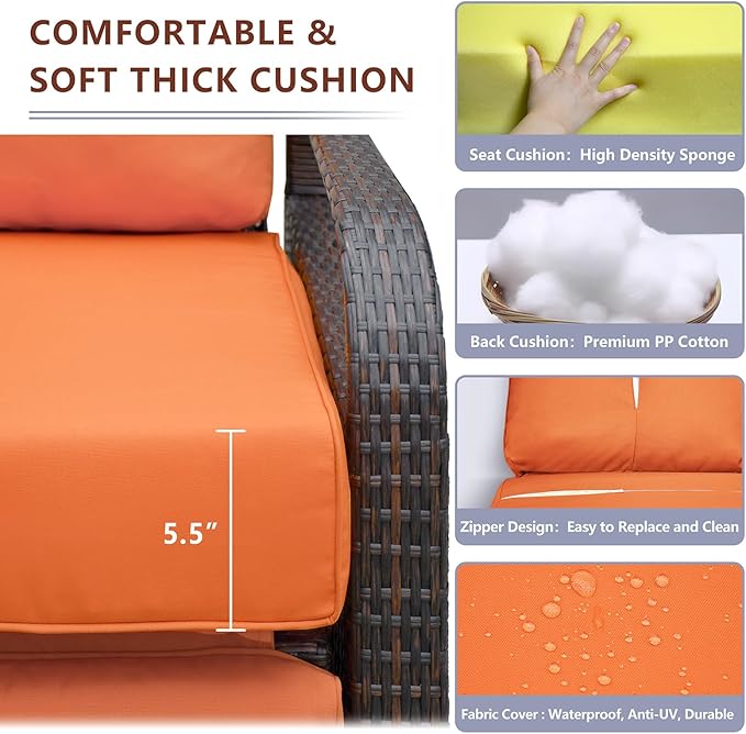 ATR ART TO REAL Outdoor Recliner, Set of 2 Wicker Reclining Chair with Coffee End Side Table, Aluminum Frame Patio Chaise Lounge Chairs with Thicken Cushions (Orange)