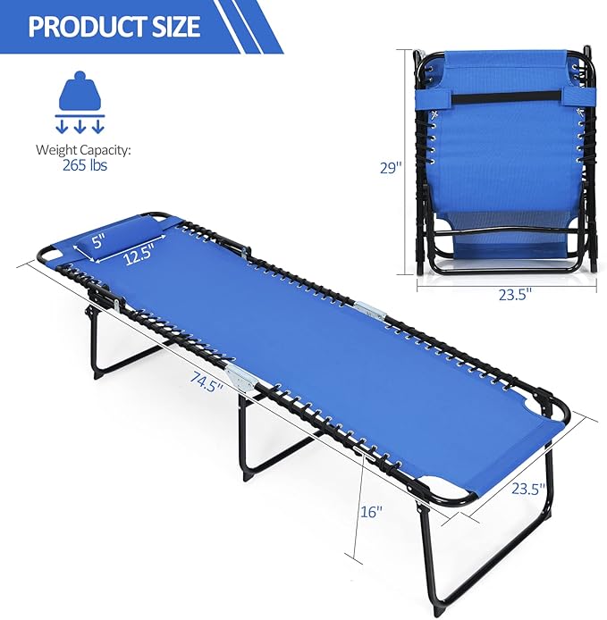 Giantex Patio Chaise Lounge Chair - 16” High Folding Tanning Chair with Removable Headrest, 4-Gear Backrest, 2-Position Anti-Skid Foot-Pads, Portable Sunbathing Beach Chair, Camping Cot, Navy