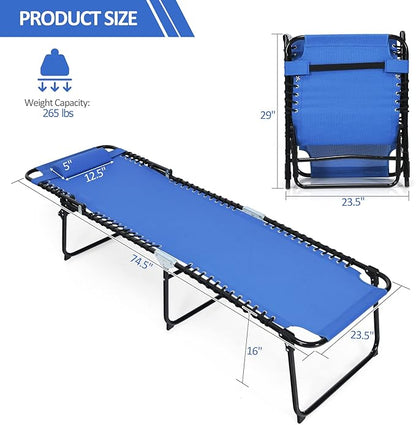 Giantex Patio Chaise Lounge Chair - 16” High Folding Tanning Chair with Removable Headrest, 4-Gear Backrest, 2-Position Anti-Skid Foot-Pads, Portable Sunbathing Beach Chair, Camping Cot, Navy