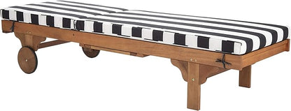 SAFAVIEH Outdoor Collection Newport Natural/ Black & White Stripe Cushion Built-in Side Table Adjustable Chaise Lounge Chair