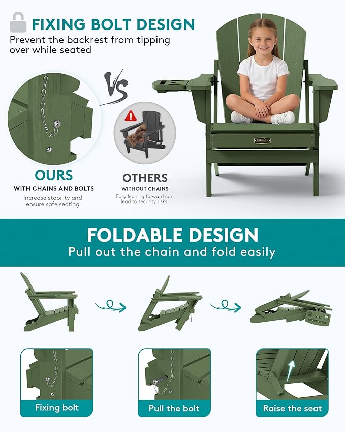 SERWALL Folding Adirondack Chair, Paito Adirondack Chairs with 4-in-1 Multi-Functional Cup Holder, Outdoor Chairs - Photo 5