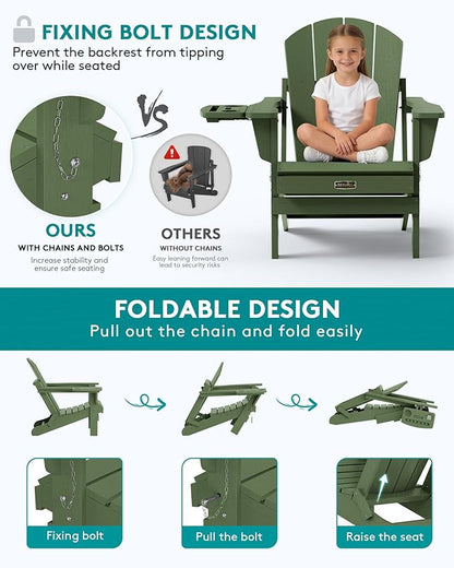 SERWALL Folding Adirondack Chair, Paito Adirondack Chairs with 4-in-1 Multi-Functional Cup Holder, Outdoor Chairs, All Weather Fire Pit Chair for Garden, Poolside, Backyard, Lawn - Army