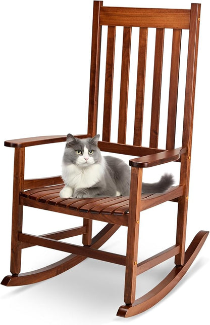 Outvita Outdoor Rocking Chair, Solid Wood High Back Rocker, All Weather Lounge Chair for Porch Patio Fire Pit Garden Backyard Deck Indoor, Natural