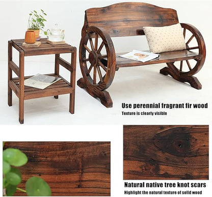 Outdoor Garden Bench, Rustic Wooden Wagon Wheel Bench Wheel Arms, w/Curved Backrest and Wide Armrest, 2-3 People Park Bench, Suitable for Backyard, Patio, Porch(Color:A,Size:55x21.6x31.1in)