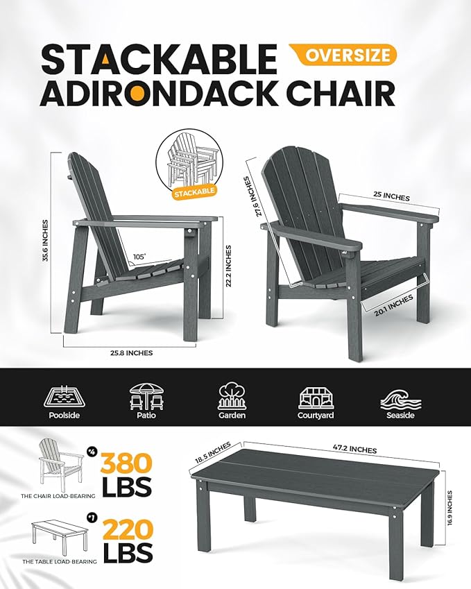 nevilywood 5-Piece HDPE Adirondack Chair Set, 4 Stackable Chairs Coffee Table, All-Weather Wood Grain - Photo 2