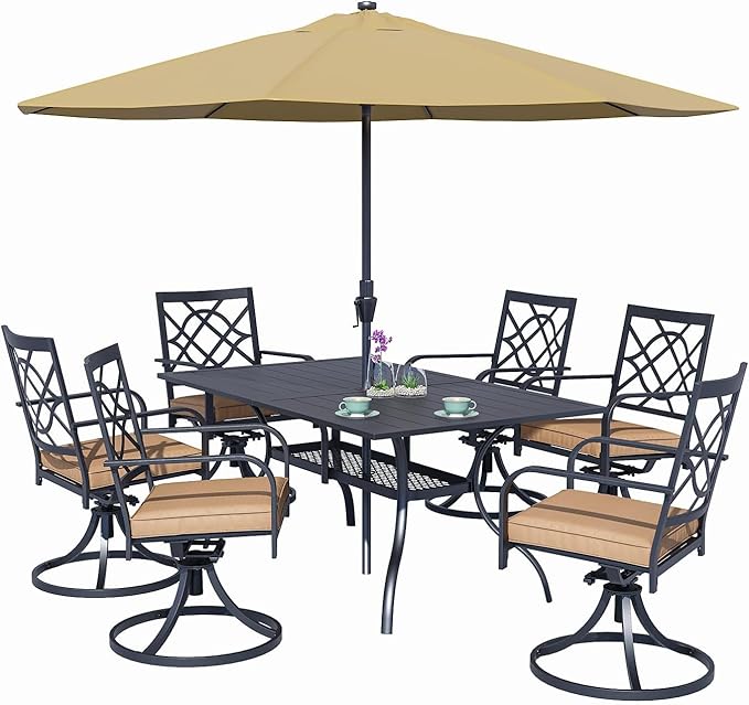 SUNCROWN 7 Pieces Outdoor Dining Set Metal Swivel Cushioned Chairs Patio Furniture Sets with Steel Slat Bistro Table and Brown 10Ft Patio Umbrella for Backyard, Lawn, Garden, Deck, Poolside