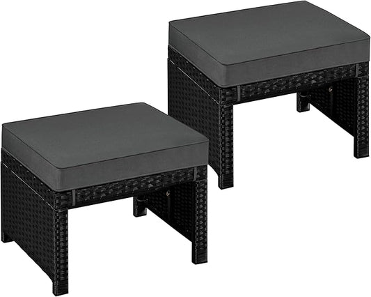 Yaheetech Wicker Ottomans, Set of 2 Footrest with Removable Cushion, 2pcs PE Rattan Side Table Additional Seating Multipurpose Outdoor Furniture for Patio, Backyard, Black/Gray