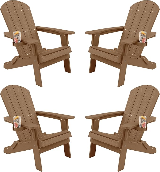 YEFU Adirondack Chair, Foldable Oversized Plastic Adirondack Chair Set of 4 with Cup Holder, Patio Chair with Weather Resistant for Outside Deck Lawn, Weight Capacity Up to 400 Lbs –Teak