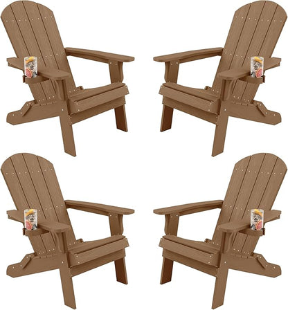 YEFU Adirondack Chair, Foldable Oversized Plastic Adirondack Chair Set of 4 with Cup Holder, Patio Chair with Weather Resistant for Outside Deck Lawn, Weight Capacity Up to 400 Lbs –Teak