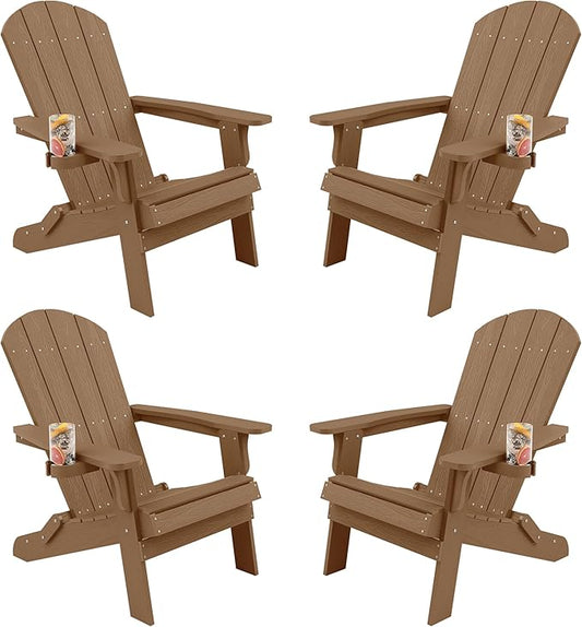 YEFU Adirondack Chair, Foldable Oversized Plastic Adirondack Chair Set of 4 with Cup Holder, Patio Chair with Weather Resistant for Outside Deck Lawn, Weight Capacity Up to 400 Lbs –Teak