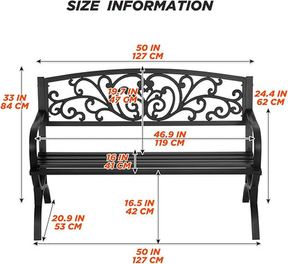 Outdoor Metal Garden Bench Patio Benches with Mesh Pattern Backrest Armrests for Patio Park Lawn Yard,Black