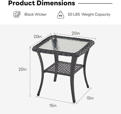 Belord Handwoven Wicker Side Table - 20 Inch Small Outdoor Table 2 Tier Storage with Tempered Glass Top, All Weather Outdoor Patio End Tables for Deck Balcony Outside Black