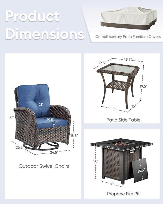 7 Pieces Patio Furniture with Fire Pit-High Back Swivel Patio Chairs Set of 4 with Outdoor Side Table Outdoor Patio Furniture Set for Deck Porch Garden Balcony Poolside-Brown/Blue