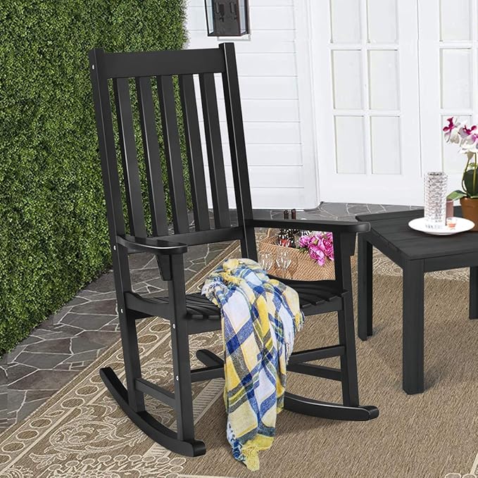 LDAILY Moccha Outdoor Rocking Chair, Acacia Wood Frame, Porch Rocker for Garden, Lawn, Balcony, Backyard and Patio (1, Black)