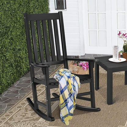 LDAILY Moccha Outdoor Rocking Chair, Acacia Wood Frame, Porch Rocker for Garden, Lawn, Balcony, Backyard and Patio (1, Black)