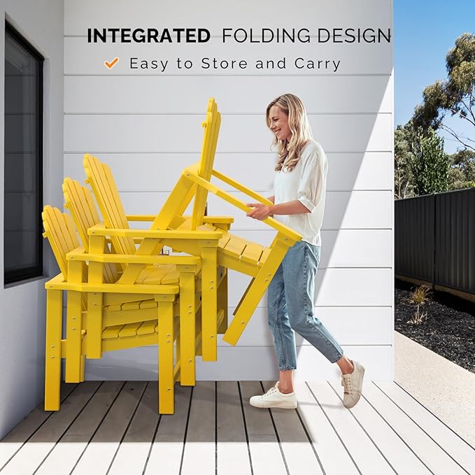 VINGLI Plastic Folding Adirondack Chair with Cup Holder, 100% Recyclable HDPE Material, 380lb Weight Capacity for Outdoor Pool Patio Lounge Chair Lawn Furniture Fire Pit, 4 Pack, Lemon Yellow