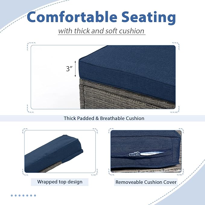 JOIVI Chaise Lounge Chairs Set of 2 w/Coffee Table, 5 Angle Backrest and Removable Cushions, PE Wicker Rattan Outdoor Lounge Chair Pool Lounger Patio Reclining Chair, 3-Piece Pool Furniture, Navy Blue