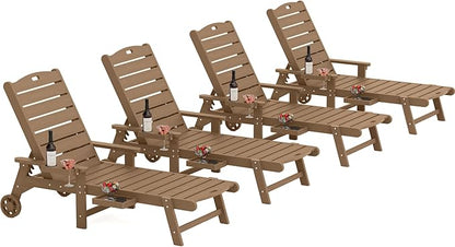 YEFU Chaise Lounge Chairs Set of 4 Outdoor,Pool Lounge Chair with Adjustable Backrest,All Weather Patio Lounge Chair with Cup Holder&Armrest,for Outside,Beach,Deck,Heavy Duty,400lbs Capacity(Teak)