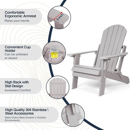Folding Adirondack Chair, All Weather Resistant Plastic Chairs with Cup Holder, Fold or Unfold Easily in 1 Second, Outdoor Chairs for Patio, Garden, Backyard Deck, Lawn Fire Pit(Grey)