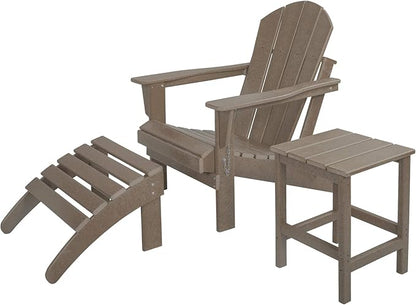 WO Home Furniture 3pc Set - HDPE Poly Adirondack Chair with Ottoman/Footrest and Square Side Table, All Weather and UV Resistant for Outdoor Patio Backyard, Garden, Weathered Wood