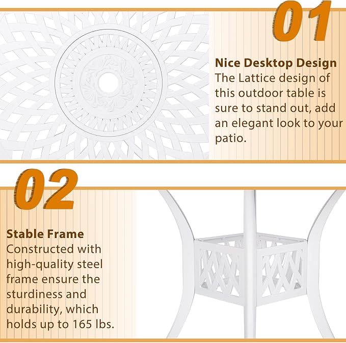 Outdoor Cast Aluminum Patio Table, 31” Round Bistro Table with 2” Umbrella Hole for Patio Furniture Garden Deck Backyard, White