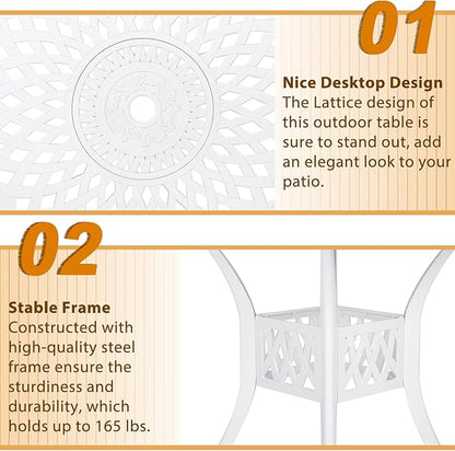 Outdoor Cast Aluminum Patio Table, 31” Round Bistro Table with 2” Umbrella Hole for Patio Furniture Garden Deck Backyard, White