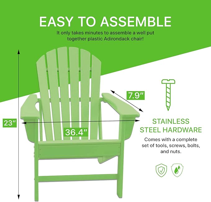 NewTechWood Atlantic Classic Curveback Plastic Weather Resistant Patio Adirondack Chair, Easy Installation, Widely Used in Outdoor, Fire Pit, Deck, Lawn, Outside, Garden Chairs (Mint)