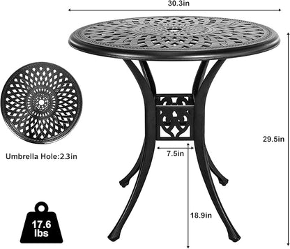 30.3" Patio Bistro Table Cast Aluminum Patio Table,Metal Patio Dining Table with Umbrella Hole,All Weather Outdoor Bistro Dining Table for Backyard, Garden, Balcony, Bronze