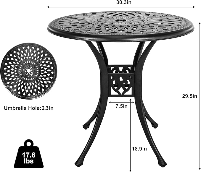 30.3 Inch Round Patio Table Cast Aluminum Patio Table,Metal Patio Dining Table with Umbrella Hole,All Weather Outdoor Bistro Dining Table for Backyard, Garden, Balcony, Black