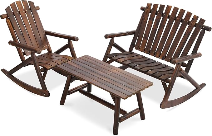 3-Piece Outdoor Wood Rocking Bistro Set, Rustic Wooden Conversation Set Including 2-Seater Loveseat, Log Rocker Chair and Coffee Table, Patio Furniture Chair Set for Lawn Yard, Carbonized