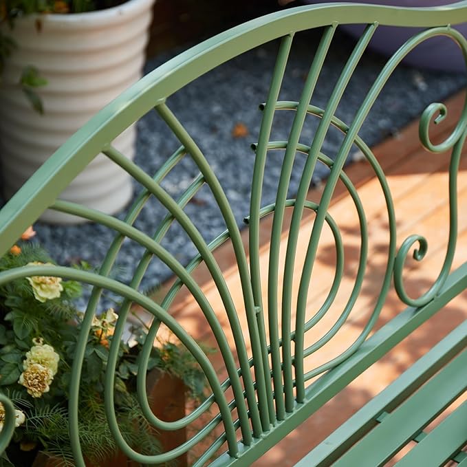 Outdoor 2 Person Metal Garden Bench, Patio Bench with Armrests and Floral Backrest, Suitable for Garden Porch Park Front Porch Balcony