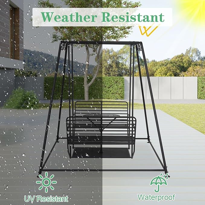 Kinfant 4-Seat Outdoor Patio Swing Chair with Stand, Heavy Duty 880 LBS Weight Capacity Metal Swing Bench with Table, 87”Height Porch Swings Set for Patio Garden Backyard, Steel