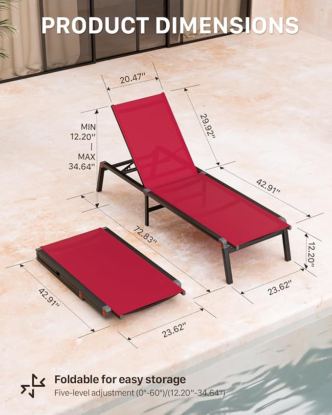 Aluminum Chaise Foldable Patio Lounge Chair Outdoor, Metal Deck Lounger Adjustable 5-Position Recliner Pool Chase Breathable Full Flat Outside Sun Tanning Chairs for Beach/Poolside/Lawn(Red, 2 Pack)