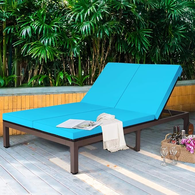 HAPPYGRILL 2-Person Patio Lounge with Wheel, Rattan Wicker Chaise Lounge Chair with Adjustable Backrest - Photo 2