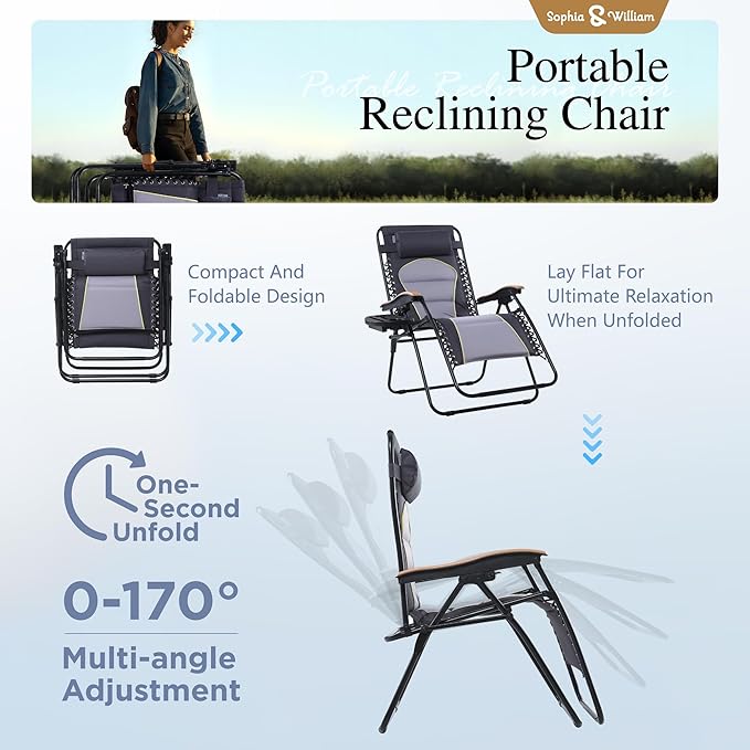 Sophia & William Oversized XXL Zero Gravity Chair Padded Folding Lounge Chair Outdoor Gravity Chair with Cup Holder, Support 400 LBS, Grey
