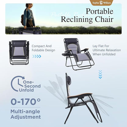 Sophia & William Oversized XXL Zero Gravity Chair Padded Folding Lounge Chair Outdoor Gravity Chair with Cup Holder, Support 400 LBS, Grey