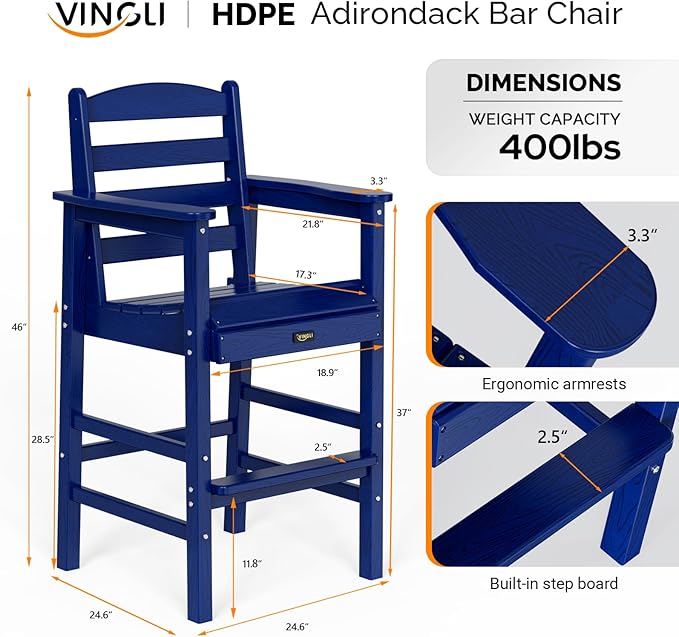 VINGLI Outdoor Bar Stools Set of 2, HDPE All-Weather Patio Bar Height Chairs Heavy-Duty Tall Adirondack Chairs for Backyard, Porch, Balcony and Poolside (Navy Blue)