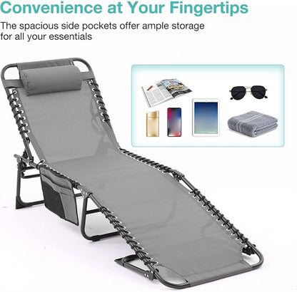 Folding Chaise Lounge Chair Set of 2, Patio Sun Tanning Chair with 4-Position Reclining Back, Breathable Mesh Outdoor Lounge Chair for Pool Beach, Adjustable Footrest, Portable, Gray