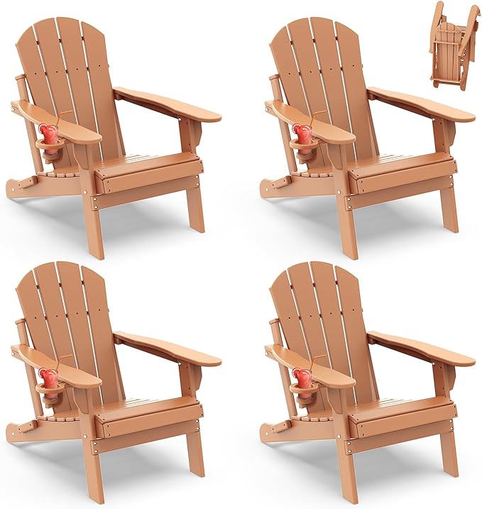 IVY&LANE Folding-Adirondack-Chairs-Set-of-4 | HDPE Plastic | Outdoor Fire Pit Chair with Cup Holder | Teak | Poly | Weather Resistant | for Patio Deck Poolside Garden Beach