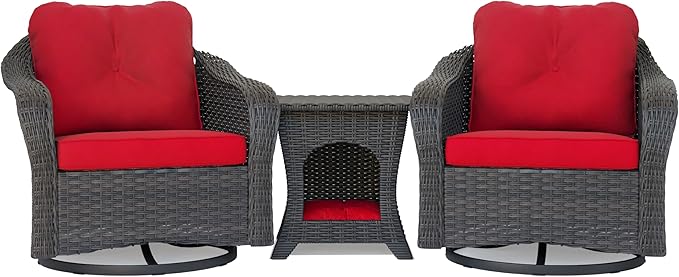 Wicker Swivel Rocking Chairs Set 2 with Storage Side Table - Outdoor Brown Wicker Swivel Glider Chair Outdoor Rocking Chair with Water-Resistant Cushions, Red