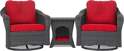 Wicker Swivel Rocking Chairs Set 2 with Storage Side Table - Outdoor Brown Wicker Swivel Glider Chair Outdoor Rocking Chair with Water-Resistant Cushions, Red