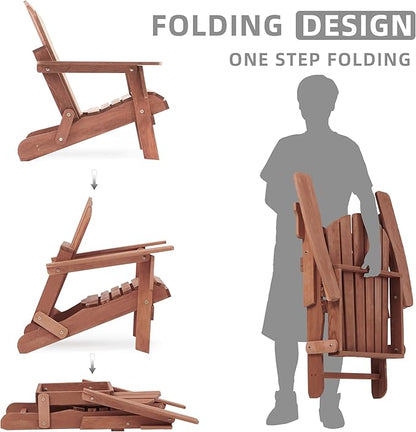 Oversize Wooden Outdoor Folding Adirondack Chair with Pre-Assembled BackRest & SeatBoard, Wood Patio Chair for Garden Backyard Porch Pool Deck Firepit