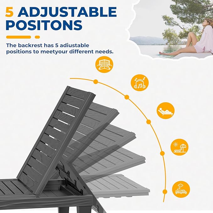 ROJIK Outdoor Chaise Lounge Chair Set of 2,with 5-Position Adjustable Backrest,Waterproof & Lightweight - Photo 4