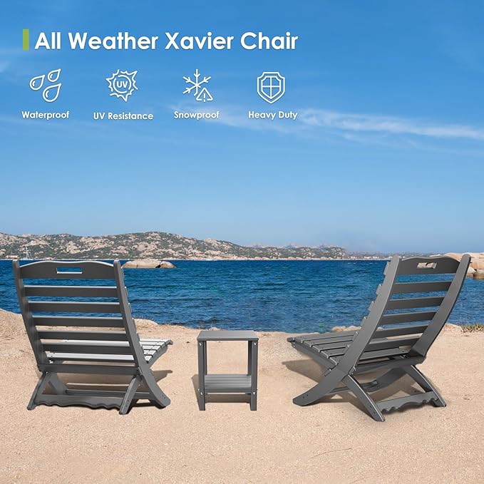 GREENVINES Folding-Xavier-Chairs Set of 4 | Wave | Portable Adirondack-Chair | HDPE Plastic | All Weather Fire-Pit Chair | Gray | for Beach Outdoor Deck Poolside Garden Patio Porch Fishing