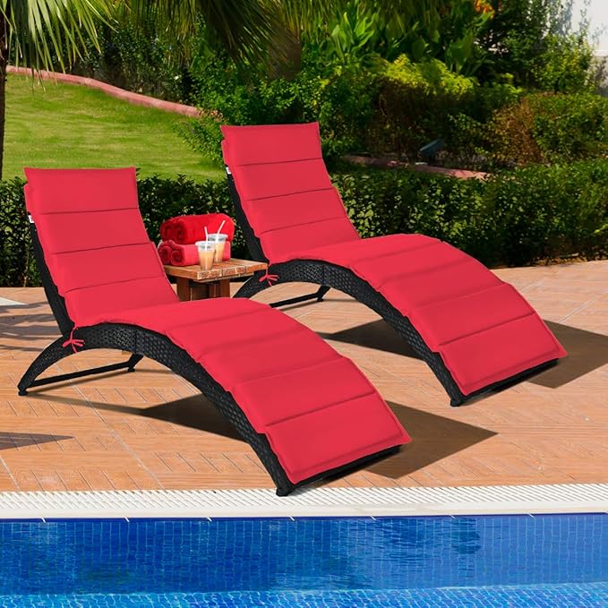 COSTWAY 2PCS Folding Rattan Lounge Chair Outdoor, Patio Wicker Chaise Lounge with Soft Cushion, Ergonomic Support Shaped, Portable Pool Lounge Chairs Set of 2 for Sunbathing, Beach (Red)