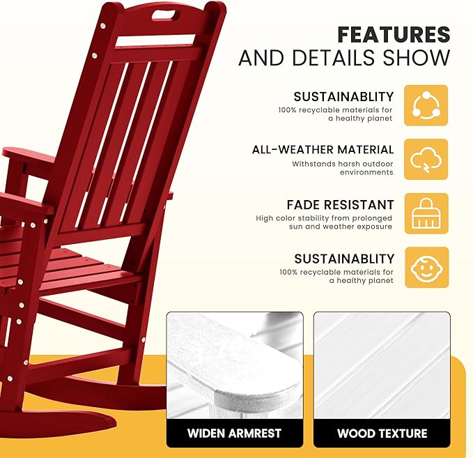 LOUNZY Outdoor Rocking Chair, HDPE Patio Rocking Chair with Footboard for Adults, All Weather Heavy Duty Front Porch Rocker, Dark Red