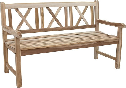 Sunnydaze 2-Person Outdoor Bench for Front Porch or Park - Wooden Teak Patio Garden Bench with Backrest - 675 lb Weight Capacity - Crossback