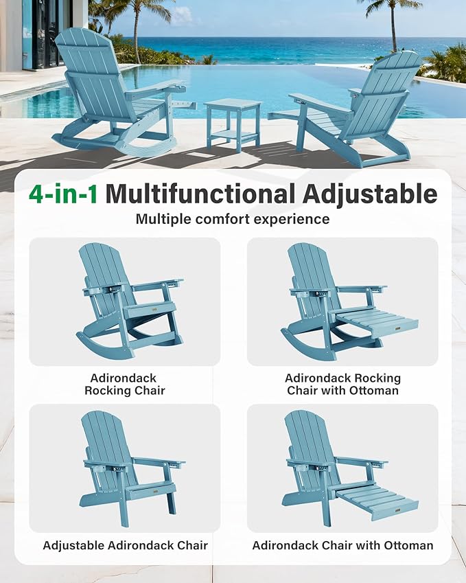 YEFU Adirondack Rocking Chairs Set of 2 : Oversize Adirondack Chair with Retractable Ottoman- 5-Level Adjustable High Back - Outdoor Rocker with Cup Holder for Porch/Garden/Lawn/Patio/Backyard/Blue